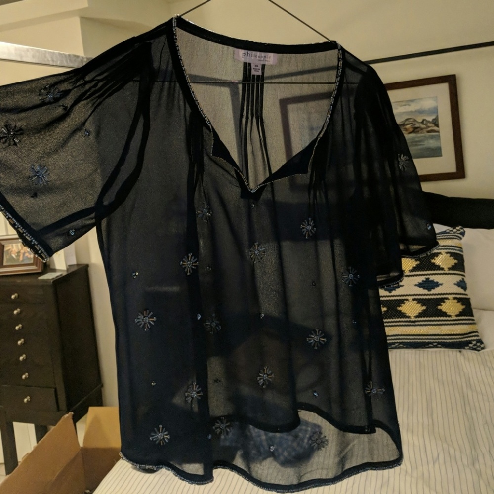Philosophy Sheer Navy Top with Beading